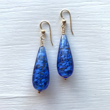 Earrings with blue translucent and white flake Murano glass long pear drops on silver or gold