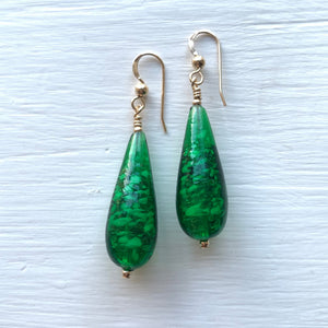 Earrings with green translucent and white flake Murano glass long pear drops on silver or gold