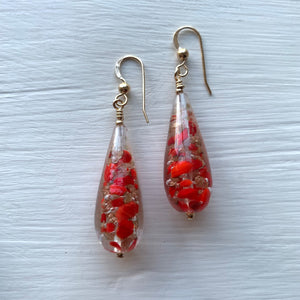 Earrings with speckled red and aventurine Murano glass long pear drops on silver or gold