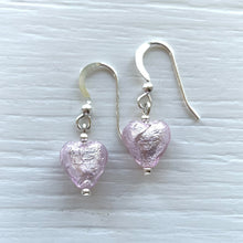 Earrings with light (pale) pink Murano glass mini heart drops on silver or gold hooks