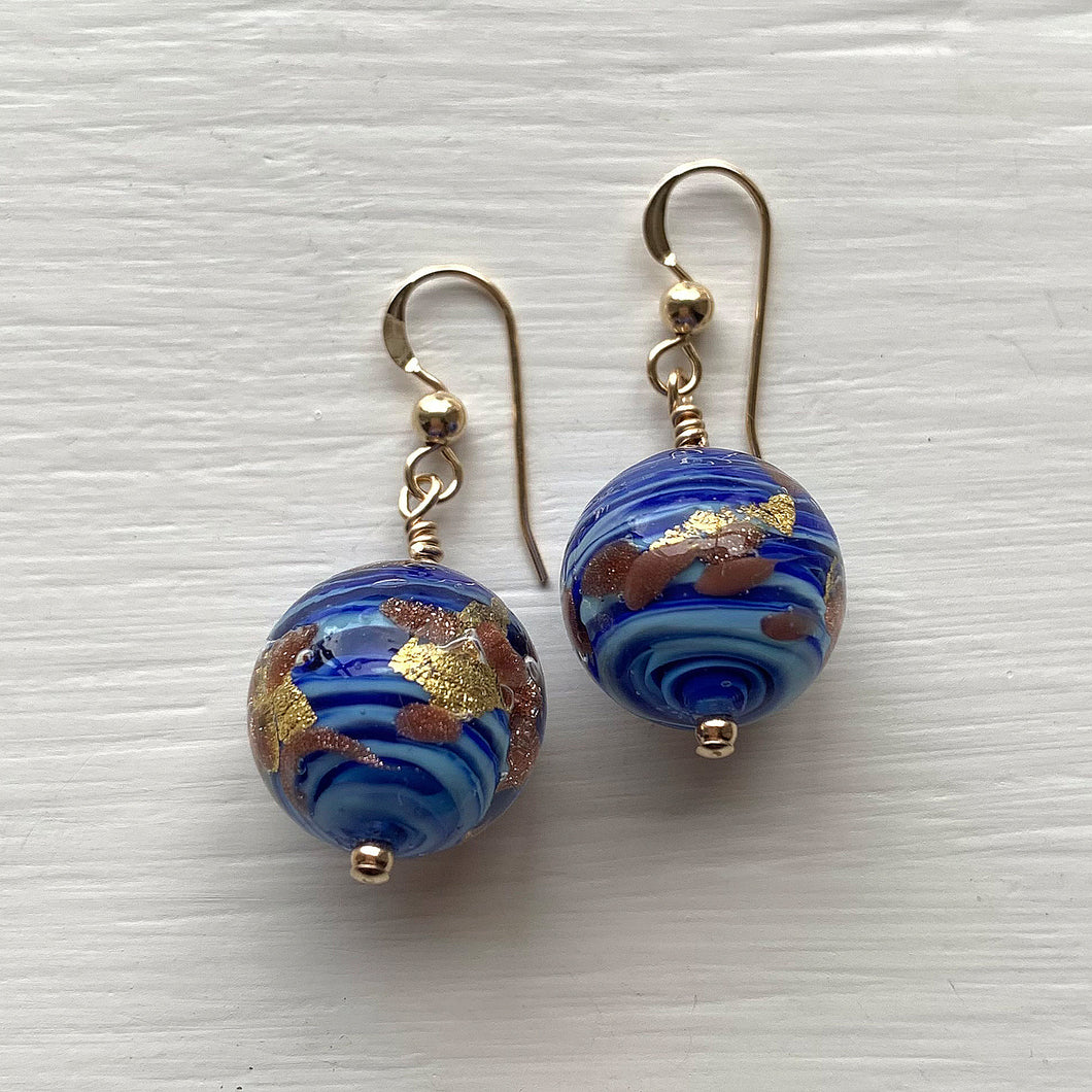 Earrings with light dark and blue swirl, aventurine, gold Murano glass small sphere drops