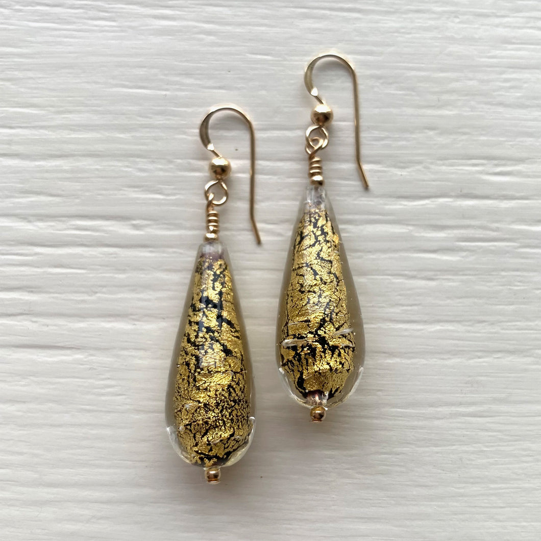 Earrings with black pastel and gold Murano glass long pear drops on silver or gold hooks
