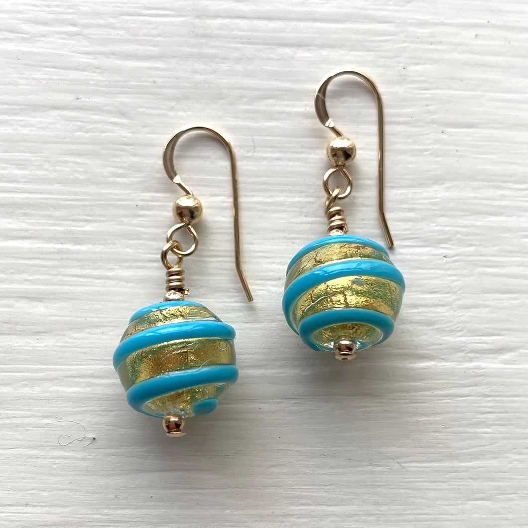 Earrings with turquoise (blue) appliqué spiral over gold Murano glass mini sphere drops on silver or gold