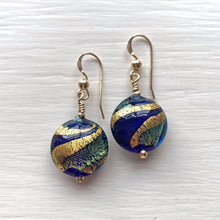 Earrings with dark blue (cobalt) teal gold swirl Murano glass small lentil drops on silver or gold