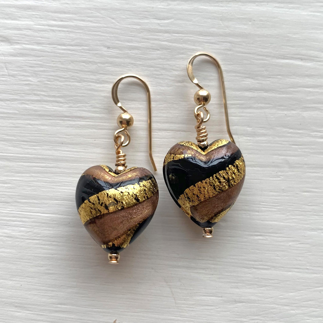 Earrings with black and aventurine swirl over gold Murano glass small heart drops