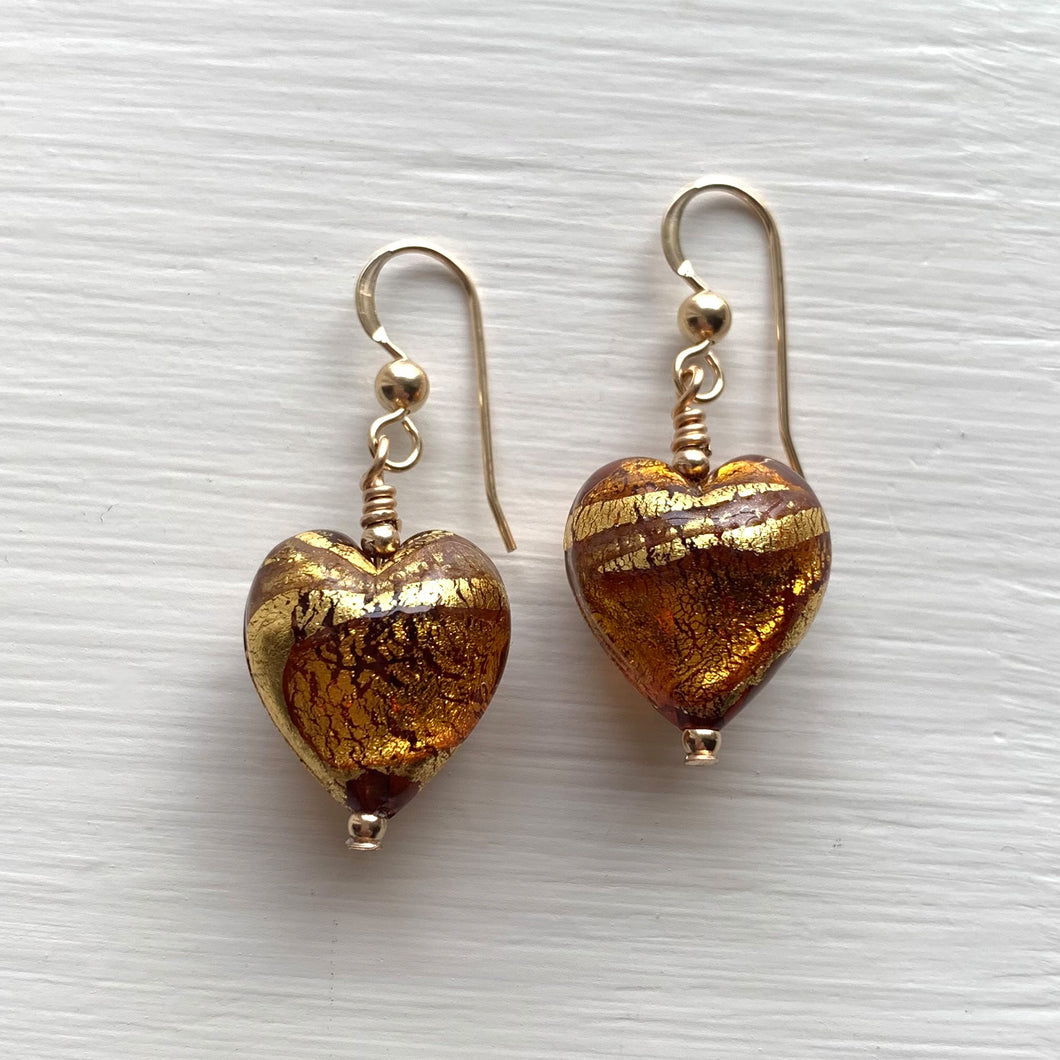 Earrings with brown topaz and aventurine swirl over gold Murano glass small heart drops