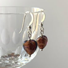 Earrings with golden brown (chocolate) Murano glass mini heart drops on silver or gold