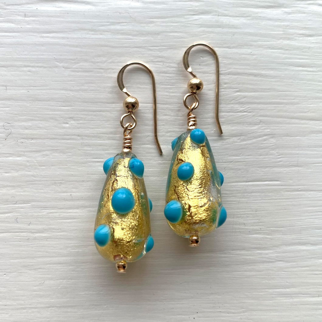 Earrings with turquoise (blue) spots over gold Murano glass short pear drops on silver or gold