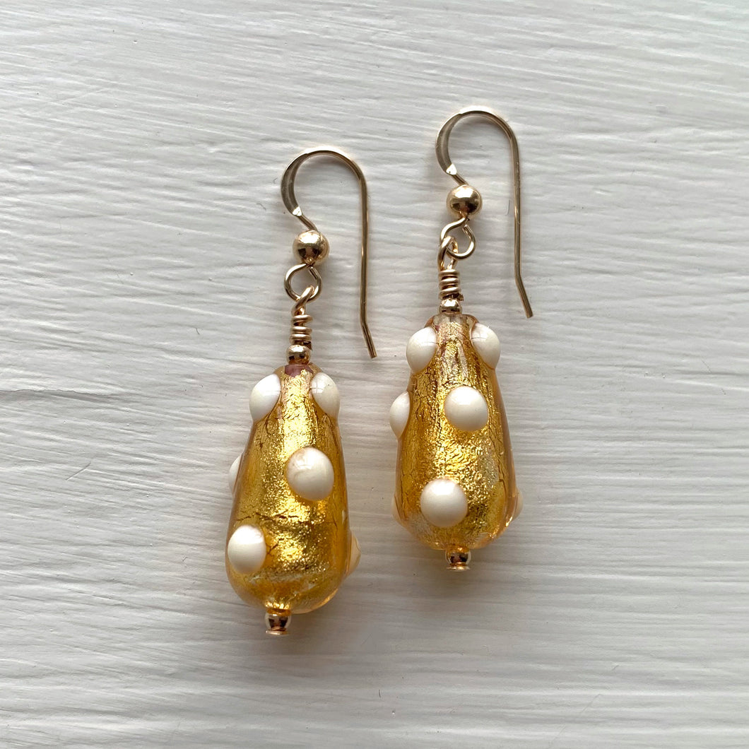 Earrings with white spots over gold Murano glass short pear drops on silver or gold hooks