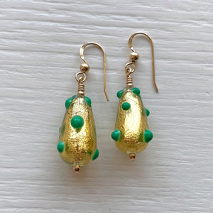 Earrings with green spots over gold Murano glass short pear drops on silver or gold hooks