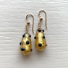 Earrings with black spots over gold Murano glass short pear drops on silver or gold hooks
