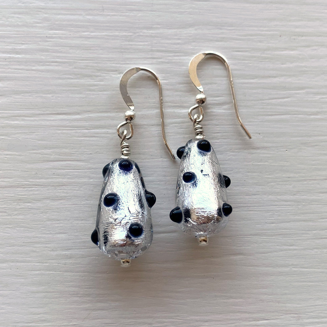 Earrings with black spots over white gold Murano glass short pear drops on silver or gold hooks