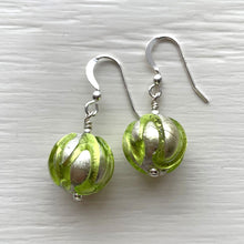 Earrings with light green appliqué over white gold Murano glass small sphere drops