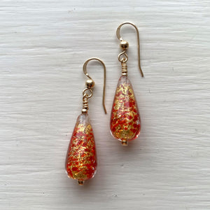 Earrings with speckled red and gold Murano glass short pear drops on silver or gold hooks