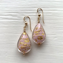 Earrings with pink pastel graffiti and gold Murano glass medium pear drops on silver or gold