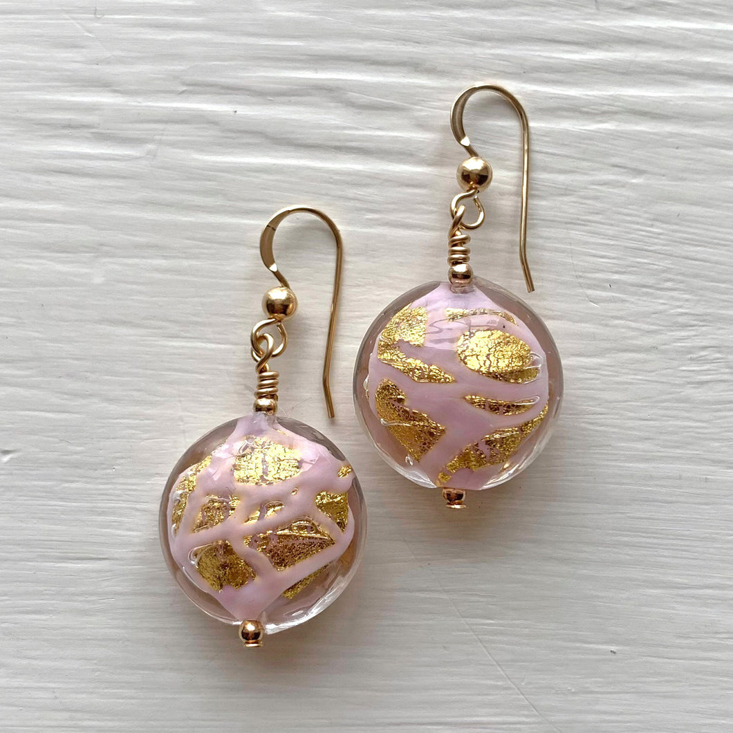Earrings with pink pastel graffiti and gold Murano glass medium lentil drops on silver or gold