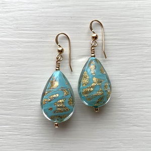 Earrings with turquoise (blue) pastel graffiti and gold Murano glass medium pear drops