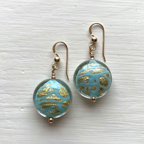 Earrings with turquoise (blue) pastel graffiti and gold Murano glass medium lentil drops