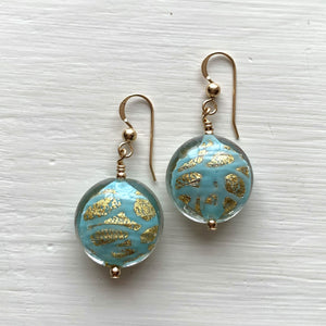 Earrings with turquoise (blue) pastel graffiti and gold Murano glass medium lentil drops