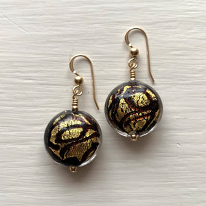 Earrings with black pastel graffiti and gold Murano glass medium lentil drops on silver or gold