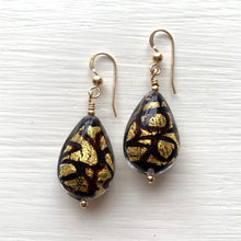 Earrings with black pastel graffiti and gold Murano glass medium pear drops on silver or gold