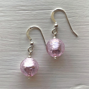 Earrings with light (pale) pink Murano glass mini sphere drops on silver or gold hooks