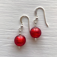 Earrings with light red Murano glass mini lentil drops on silver or gold hooks