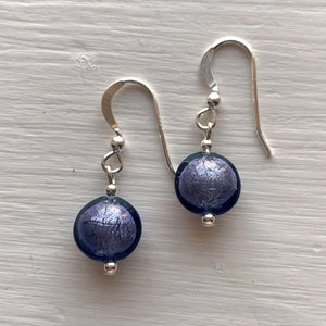 Earrings with purple velvet Murano glass mini lentil drops on silver or gold hooks