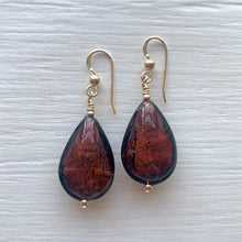 Earrings with golden brown (chocolate) Murano glass medium pear drops on silver or gold hooks