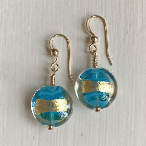 Earrings with turquoise (blue) pastel and gold Murano glass small lentil drops