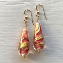 Earrings with pink and aventurine swirl over gold Murano glass long pear drops