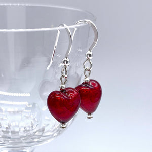 Earrings with red Murano glass mini heart drops on silver or gold hooks