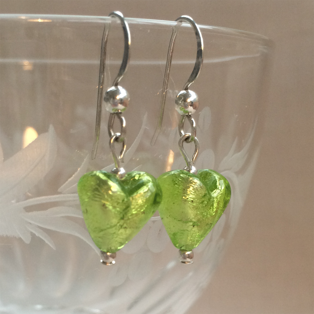 Earrings with light green (lime, peridot) Murano glass mini heart drops on silver or gold