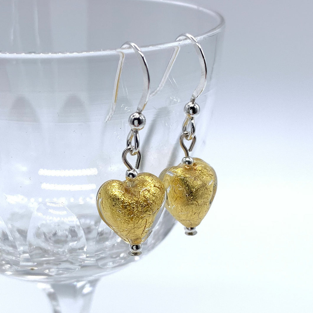 Earrings with light (pale) gold Murano glass mini heart drops on silver or gold hooks
