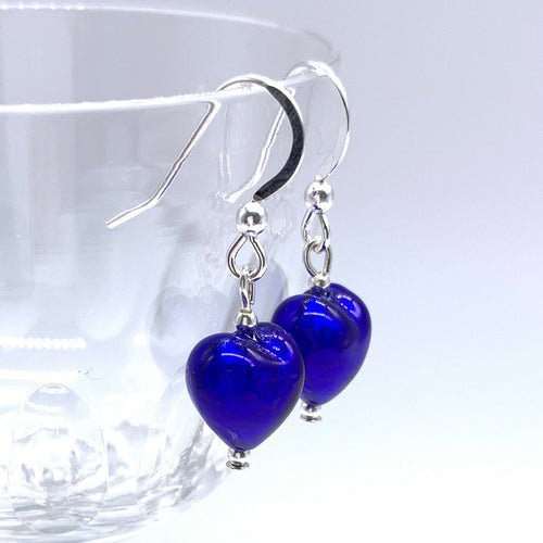 Earrings with dark blue (cobalt) Murano glass mini heart drops on silver or gold hooks