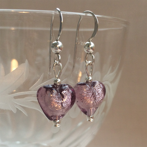 Earrings with light amethyst (purple) Murano glass mini heart drops on silver or gold hooks