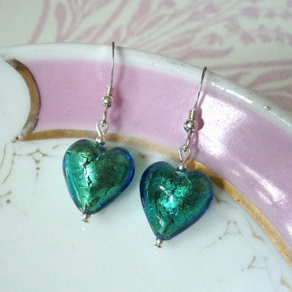 Earrings with sea green (jade, teal) Murano glass small heart drops on silver or gold
