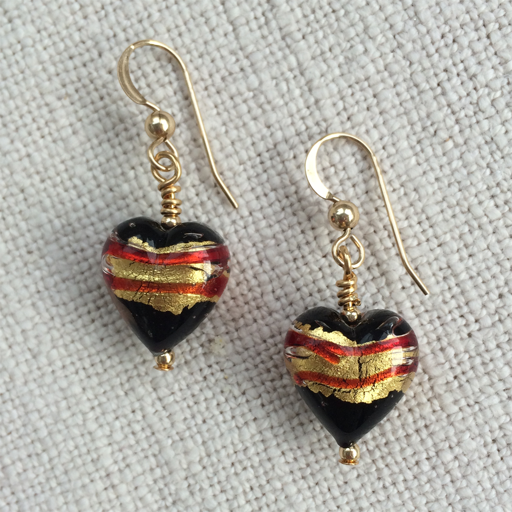 Earrings with red, gold and black pastel Murano glass small heart drops on silver or gold