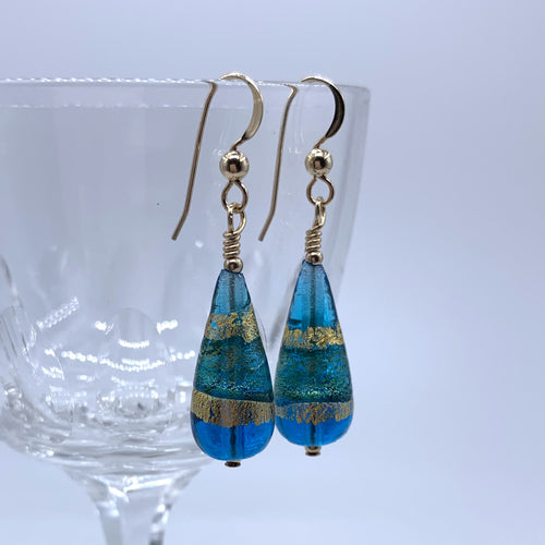 Earrings with shades of blue and gold Murano glass short pear drops on silver or gold hooks