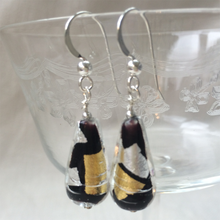 Earrings with black, silver and gold Murano glass short pear drops on silver or gold hooks