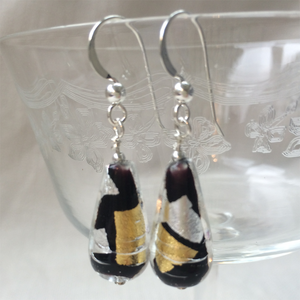 Earrings with black, silver and gold Murano glass short pear drops on silver or gold hooks