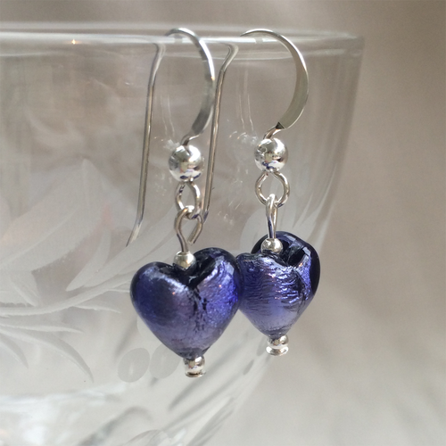 Earrings with purple velvet Murano glass mini heart drops on silver or gold hooks