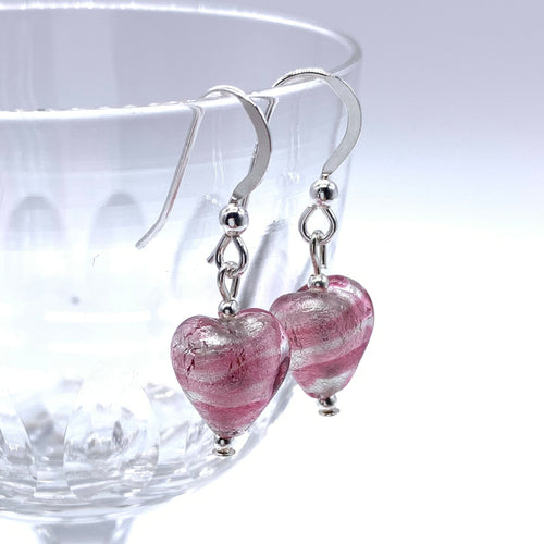 Earrings with candy stripe pink Murano glass mini heart drops on silver or gold hooks