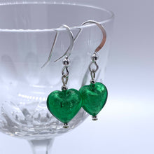 Earrings with dark green (emerald) Murano glass mini heart drops on silver or gold hooks