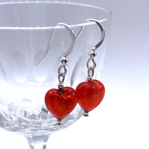 Earrings with light red Murano glass mini heart drops on silver or gold hooks