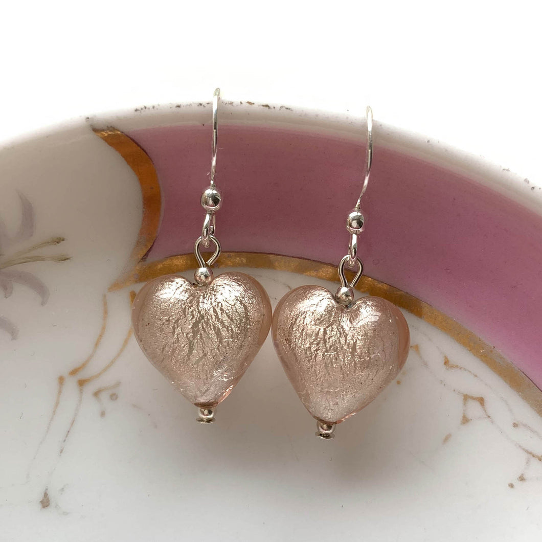 Earrings with champagne (peach, pink) Murano glass small heart drops on silver or gold