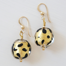 Earrings with light (pale) gold and black spots Murano glass medium lentil drops on silver or gold