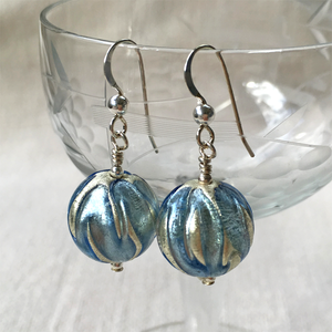 Earrings with cornflower blue appliqué over white gold Murano glass small sphere drops