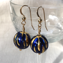 Earrings with dark blue (cobalt) over gold Murano glass small sphere drops on silver or gold