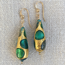 Earrings with shades of blue spots over gold Murano glass long pear drops on silver or gold